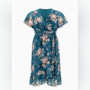 TEAL FLORAL CHIFFON WRAP DRESS Torrid sz 3 NWT!